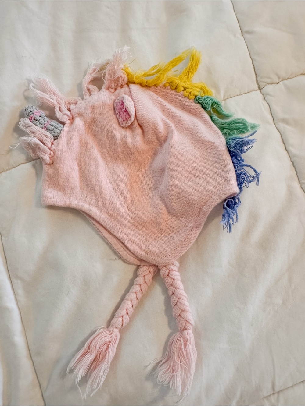 Pink Unicorn Knit Earflap Hat with Rainbow Mane